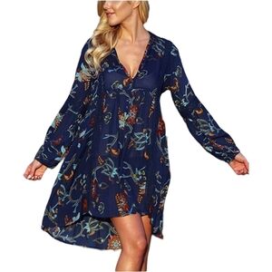 NWT Ananda's Collection Blue Boho Floral Tunic Mini Dress Size XL